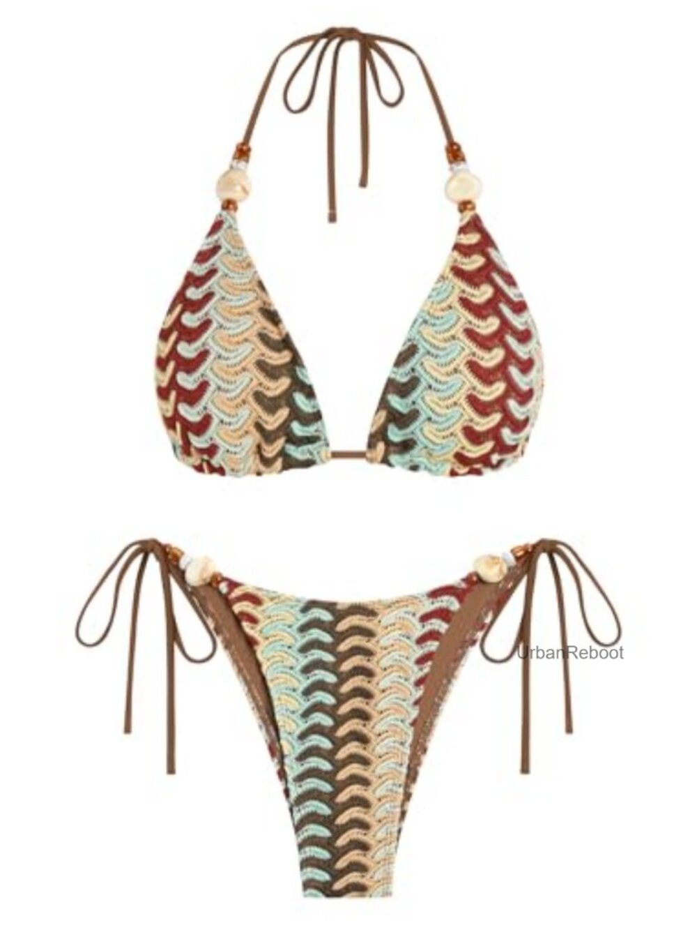 2 Piece Beaded Triangle Bikini Set Push Up Thong Swimwear
